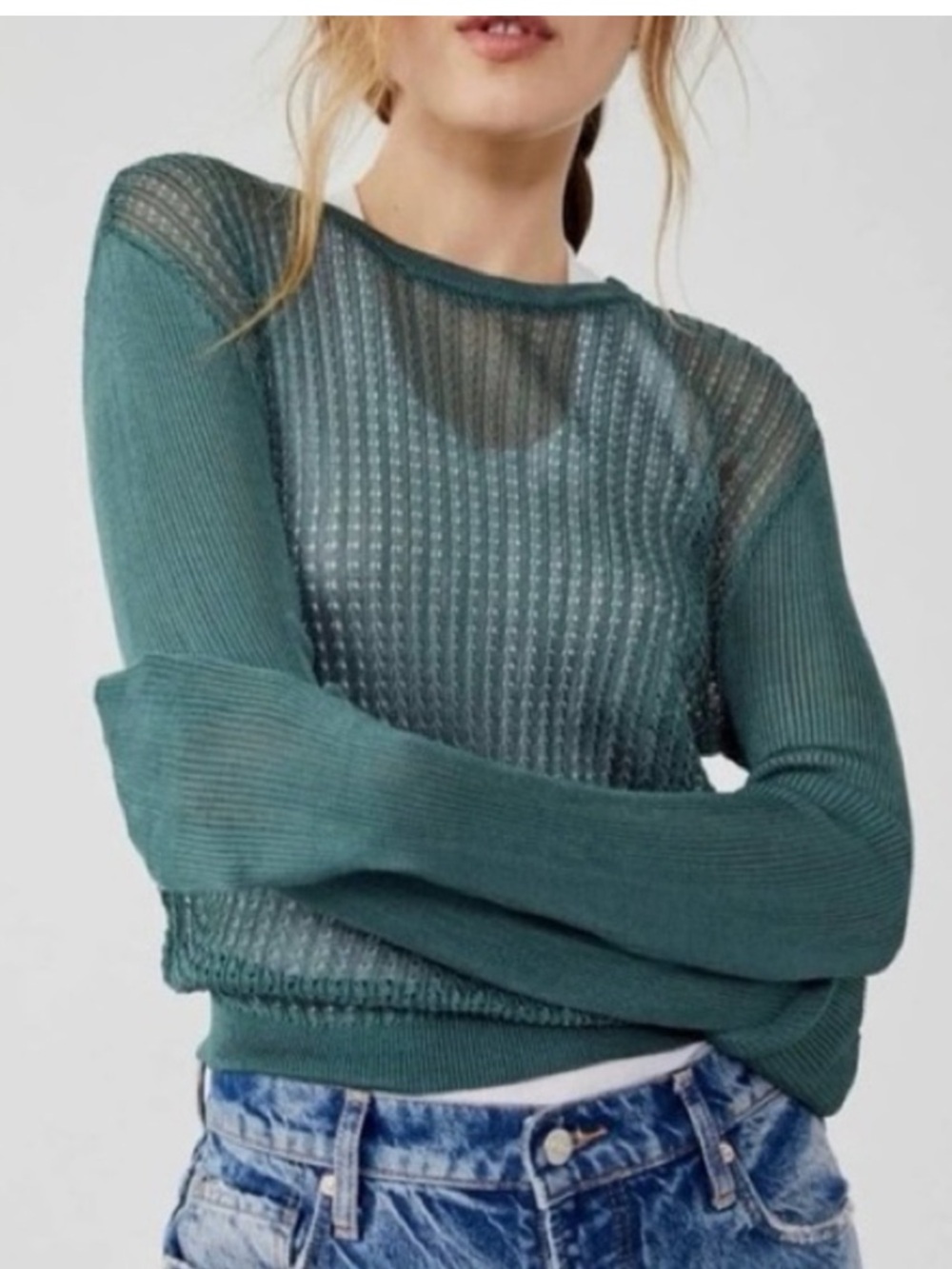 NWT Free People H20 Crew Pullover Sweater Jade Teal Green Sz M $98